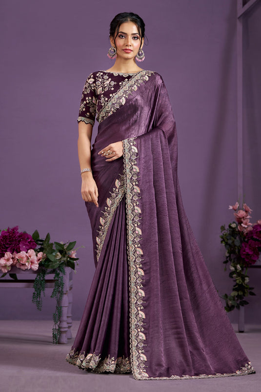 Soothing Satin Silk Party Style Two Tone Saree In Purple Color