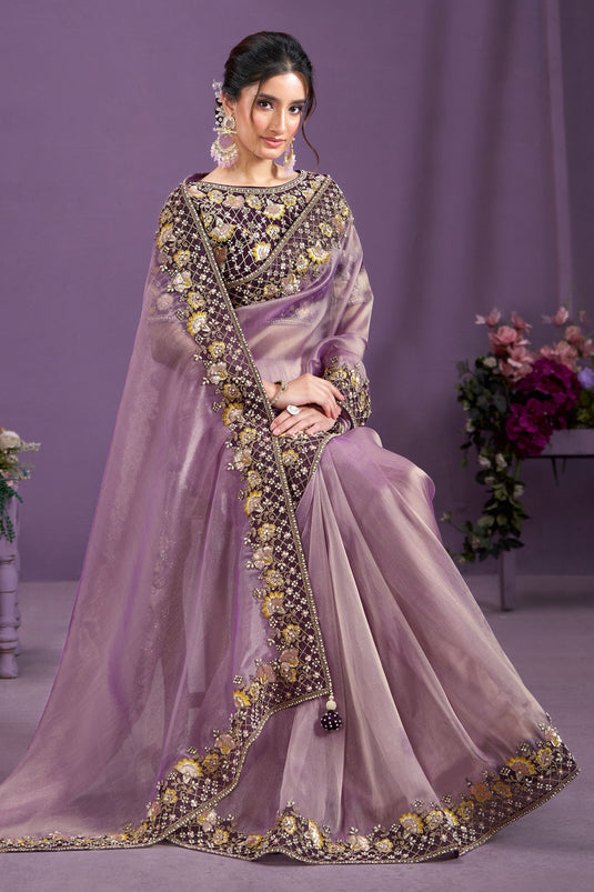 Alluring Lavender Color Tissue Fabric Party Style Two Tone Saree