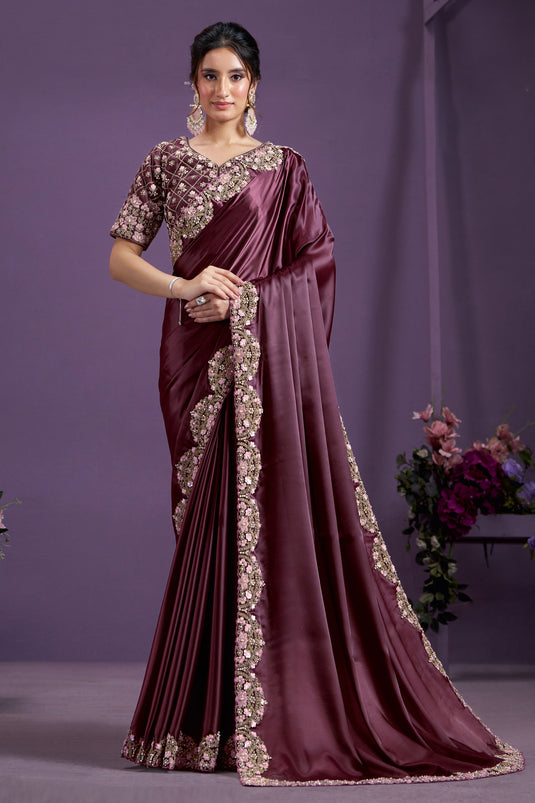 Wine Color Graceful Satin Silk Party Style Two Tone Saree