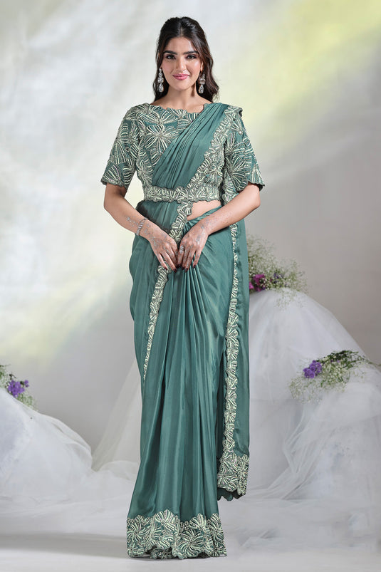 Bold N Blush One Minute Light Cyan Sequins Work Satin Silk Saree