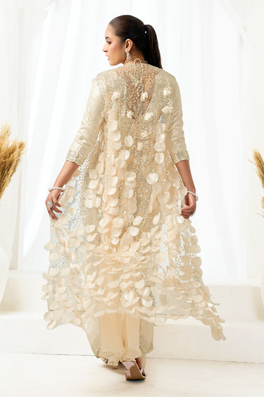 Beige Designer Ready To Wear Satin Saree With Elegant Look
