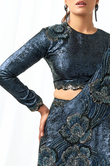 Stunning Navy Blue Bridal Satin Silk Heavy Sequins Cutdana Work Traditional Pre Draped Lehenga Saree