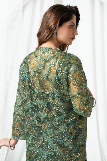 Stunning Dark Green Satin Silk Heavy Sequins Embroidered Party Wear Pre Draped Saree With Stitched Blouse