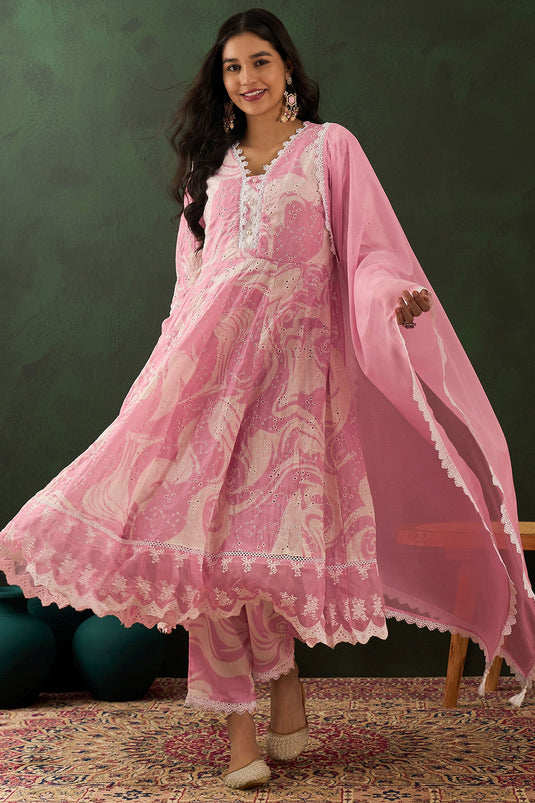 Festive Wear Pink Color Sober Readymade Salwar Suit In Cotton Fabric