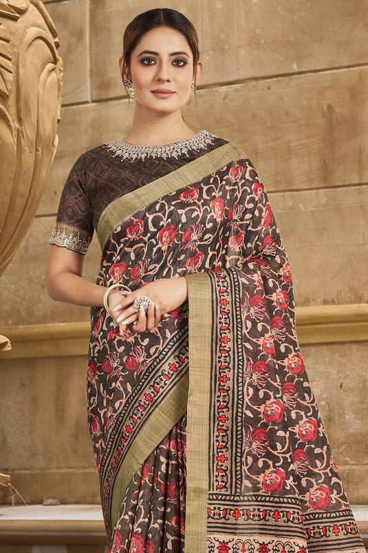 Beguiling Border Work On Brown Color Gajji Silk Fabric Saree