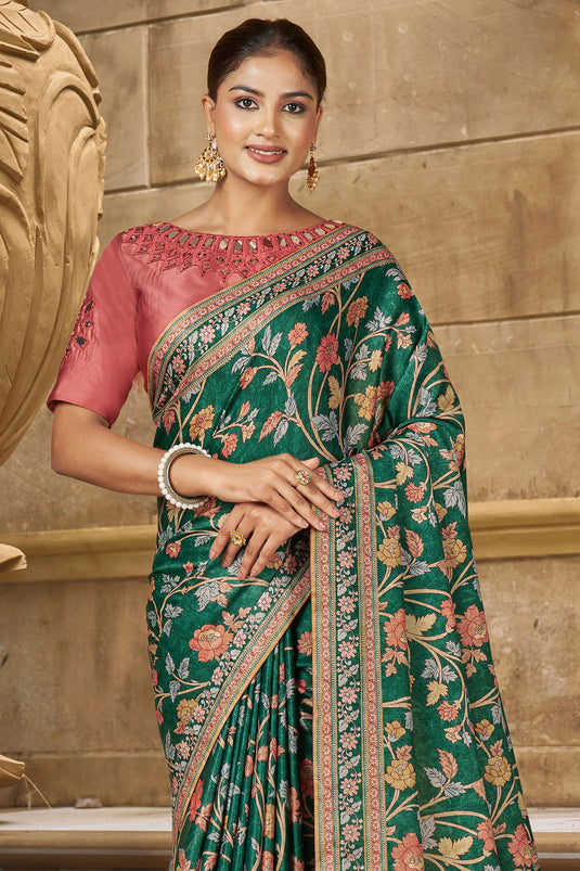 Incredible Border Work On Gajji Silk Fabric Green Color Saree