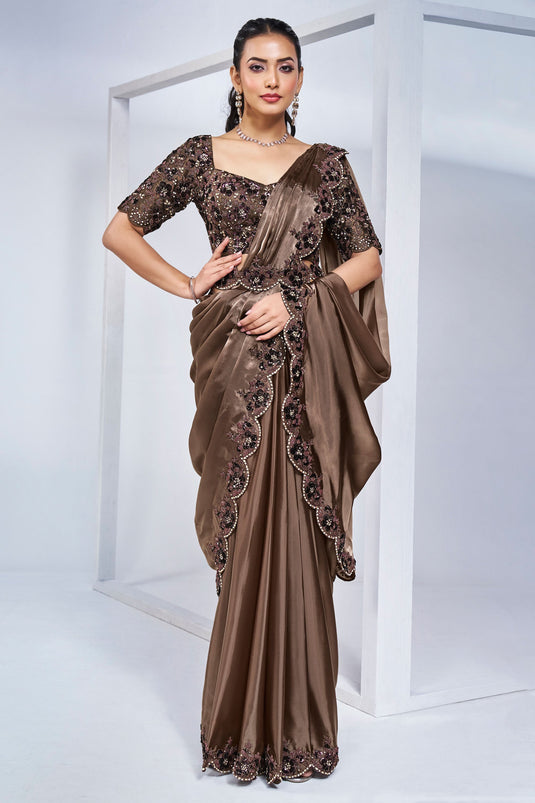 Classic Brown Color Ready To Wear Saree In Crepe Fabric