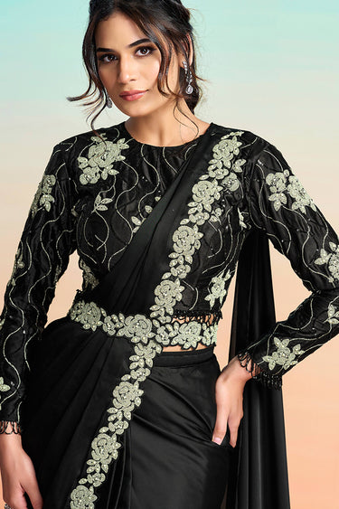 Festive Wear Black Satin Silk Pre Draped Saree With Heavy Embroidery And Modern Blouse