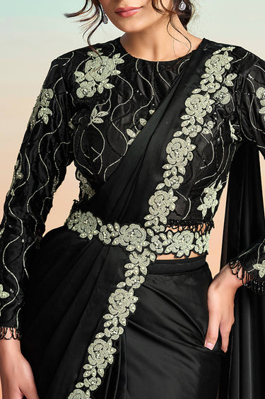 Festive Wear Black Satin Silk Pre Draped Saree With Heavy Embroidery And Modern Blouse