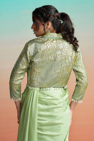 Designer Satin Silk Sea Green Pearl Work One Minute Saree With Stylish Blouse And Jacket