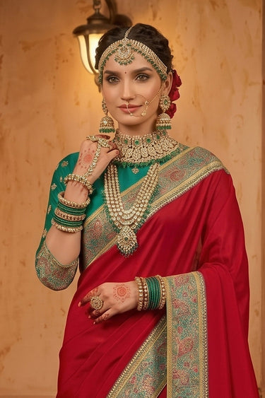 Heritage Red Georgette Satin Silk Festive Wear Saree With Unstitched Blouse