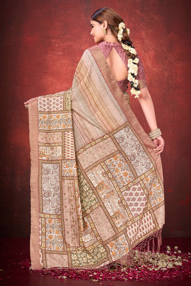 Cream Printed Art Silk Function Saree With Blouse
