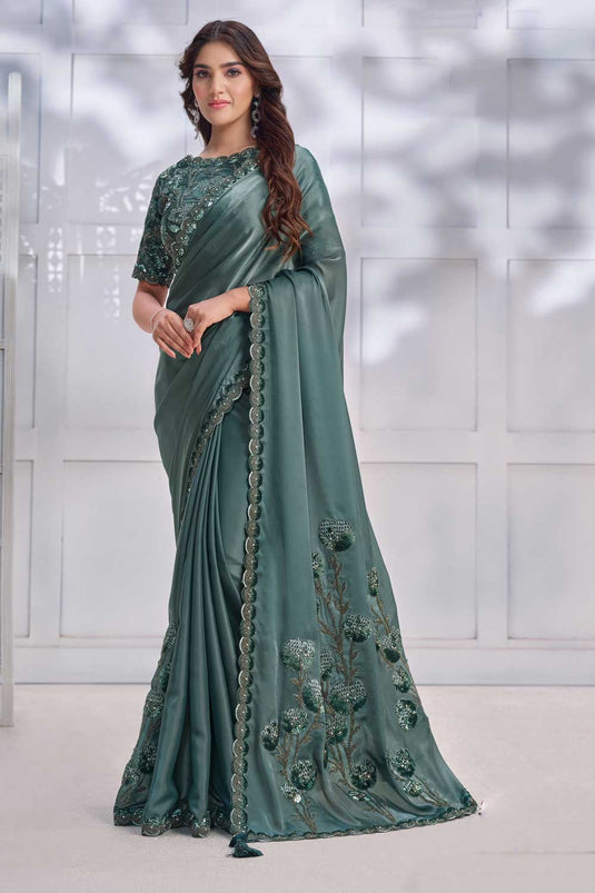 Soothing Party Style Crepe Satin Silk Saree In Sea Green Color