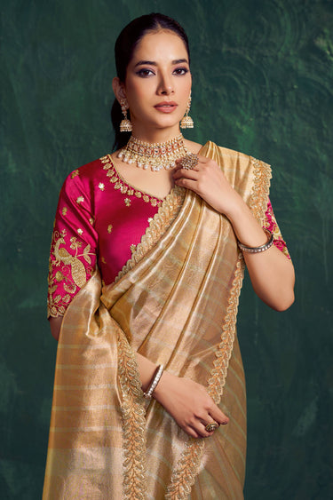 Tissue Embroidered Border Work Beige Saree For Wedding Wear