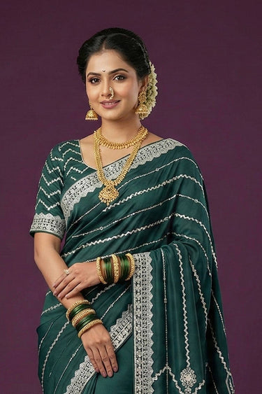 Satin Silk Embroidered Teal Sangeet Wear Saree