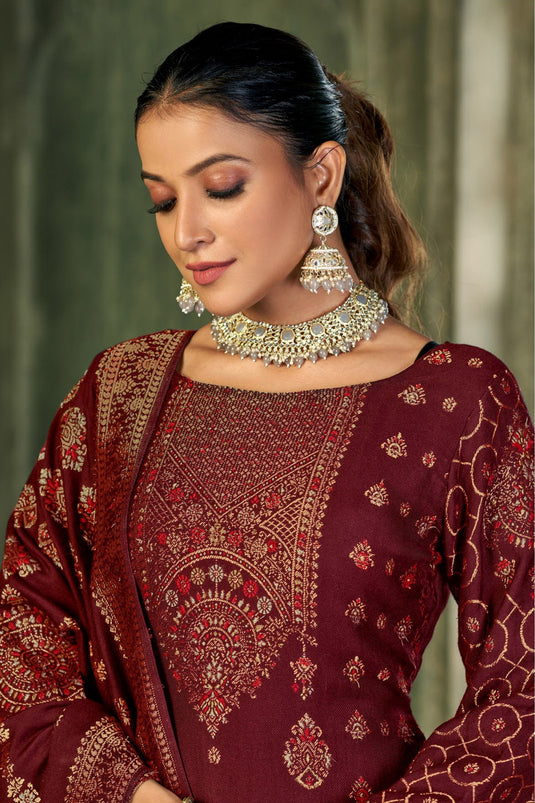 Maroon Color Pashmina Fabric Festive Wear Vintage Salwar Suit