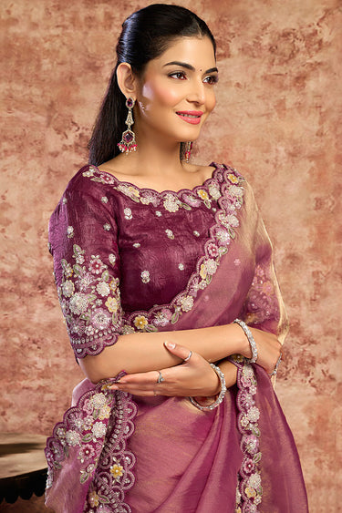 Womens Elegant Embroidered Border Work Party Wear Saree