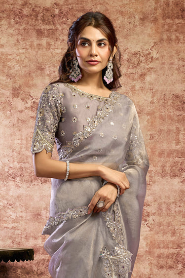 Elegant Lavender Organza Satin Heavy Embroidered Border Work Party Wear Saree
