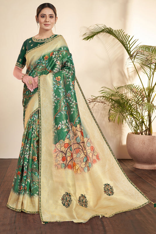 Creative Printed Work Green Color Tissue Fabric Saree