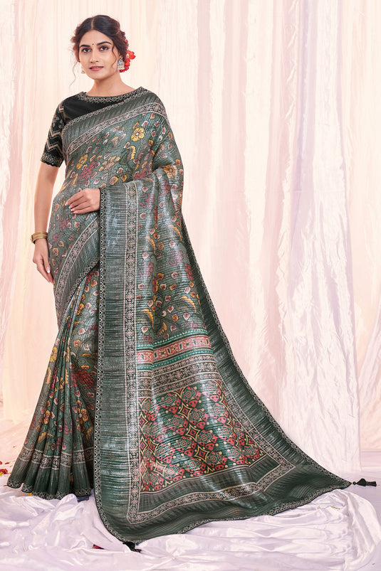 Incredible Printed Work On Tissue Fabric Grey Color Saree