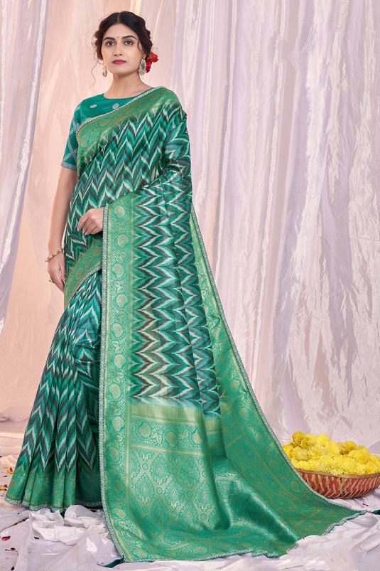 Tempting Tissue Fabric Sea Green Color Saree With Printed Work