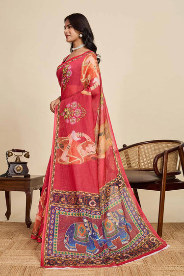 Maroon Digital Printed Linen Casual Wear Saree