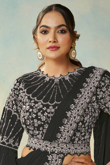 Black Wedding Wear Satin Silk Border Work Readymade Saree