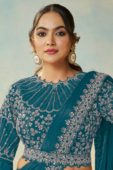 Teal Wedding Wear Satin Silk Border Work Readymade Saree