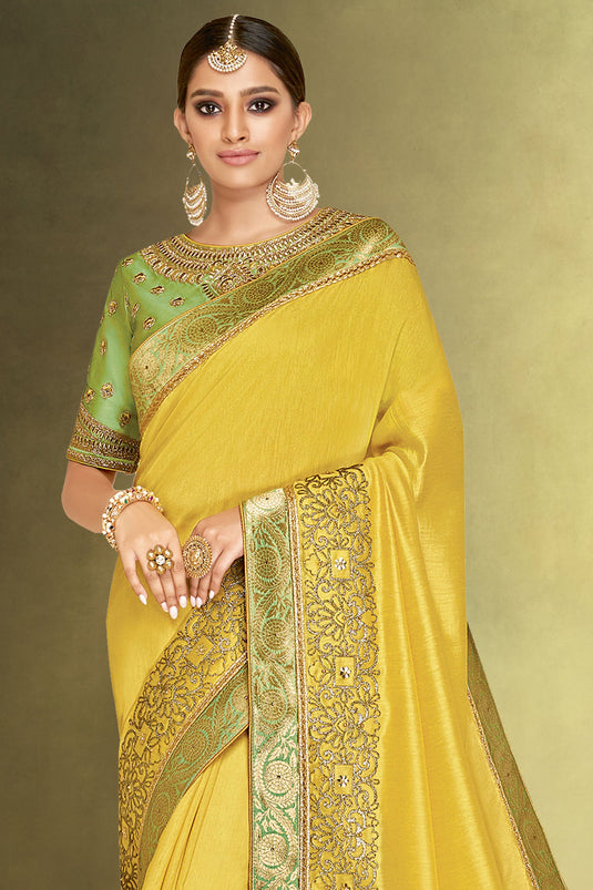 Entrancing Satin Silk Fabric Yellow Color Saree In Function Wear