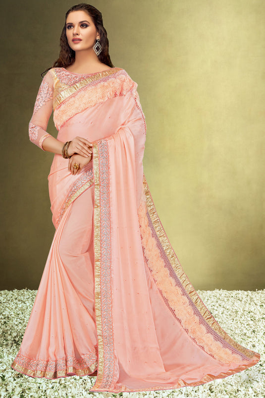 Tempting Satin Fabric Pink Color Saree In Function Wear