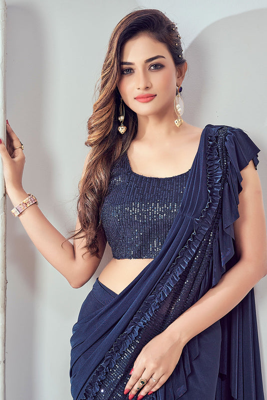 Navy Blue Color Pre-Stitched Ruffle Saree In Lycra