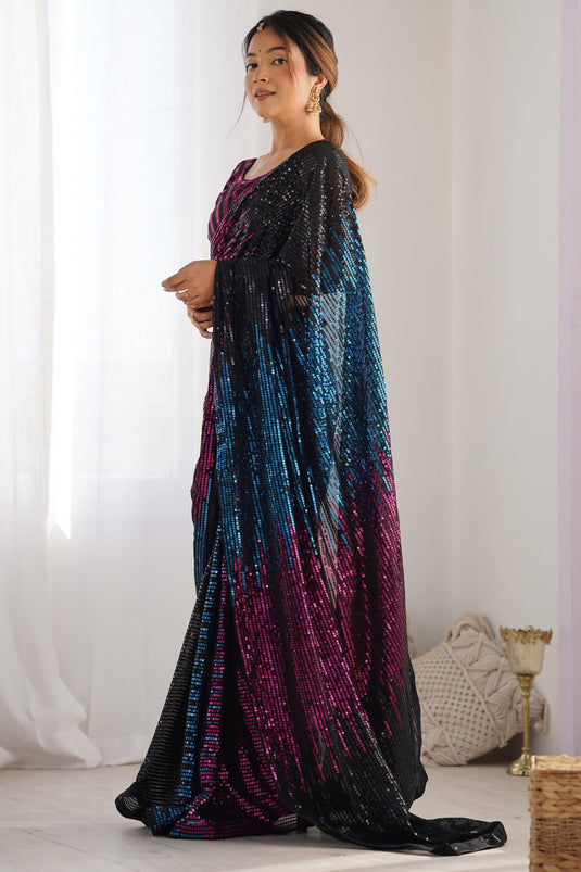 Majestic Black Sequins Work Party Wear Saree