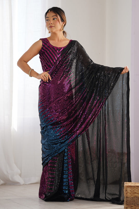 Majestic Black Sequins Work Party Wear Saree