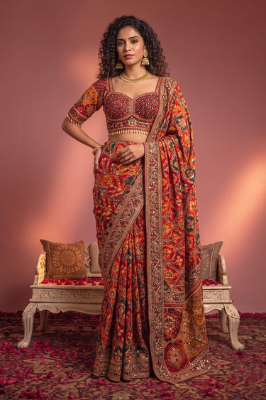 Heritage Crepe Luxury Bridal Red Saree With Heavy Work Readymade Blouse