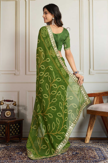 Function Wear Elegance Bandhani Print Saree In Green Color