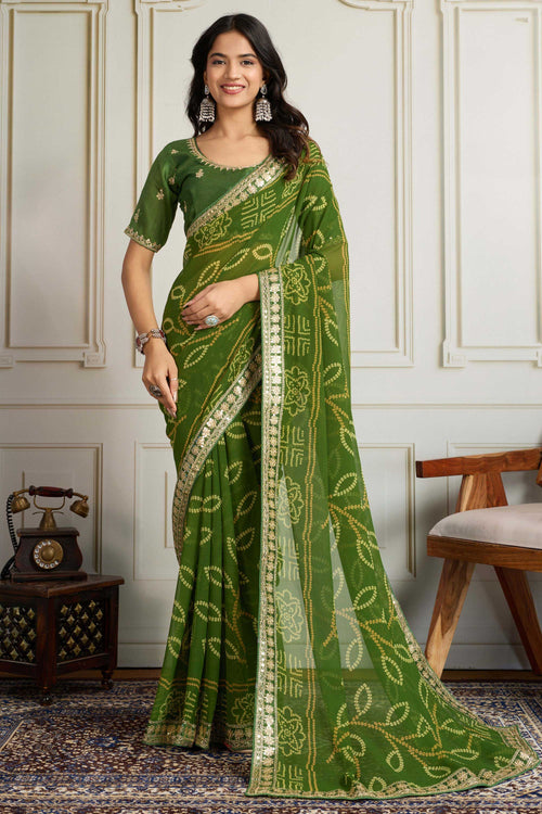 Function Wear Elegance Bandhani Print Saree In Green Color
