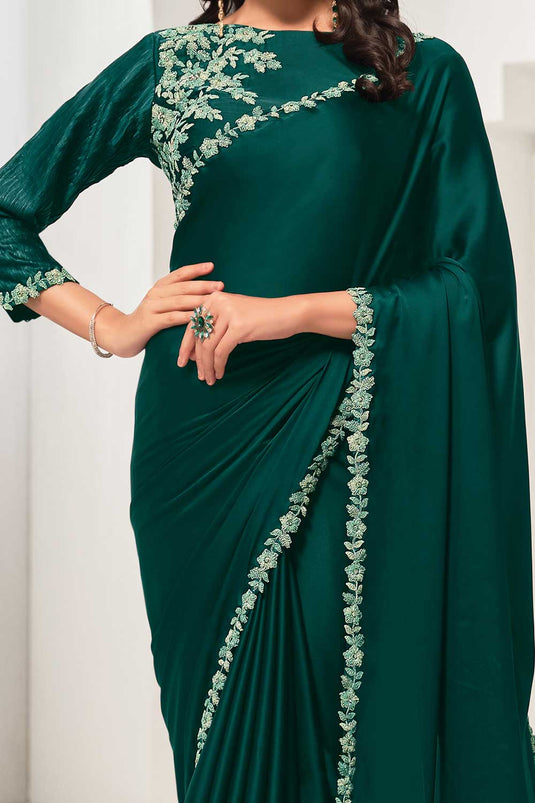 Creative Green Color Crepe Satin Silk Fabric Saree