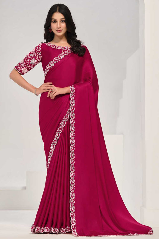 Beguiling Pink Color Crepe Satin Silk Fabric Saree