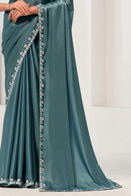 Incredible Crepe Satin Silk Fabric Sea Green Color Saree