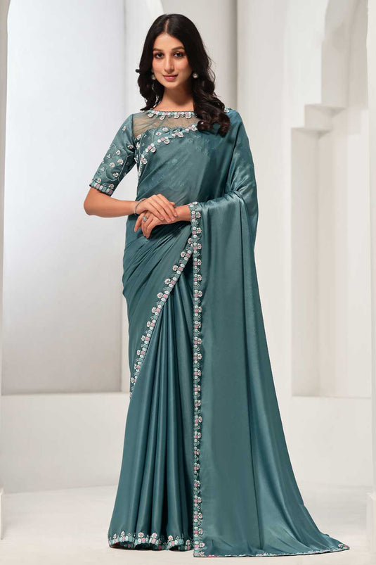 Incredible Crepe Satin Silk Fabric Sea Green Color Saree