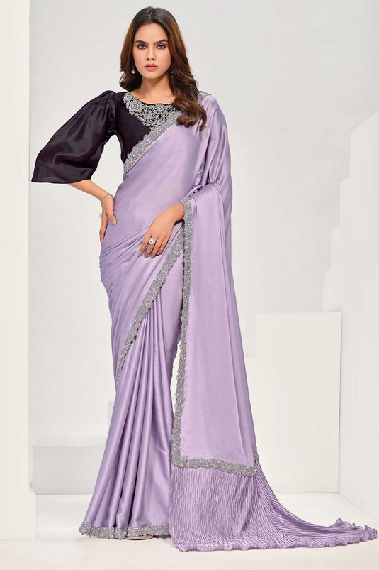 Tempting Crepe Satin Silk Fabric Lavender Color Saree