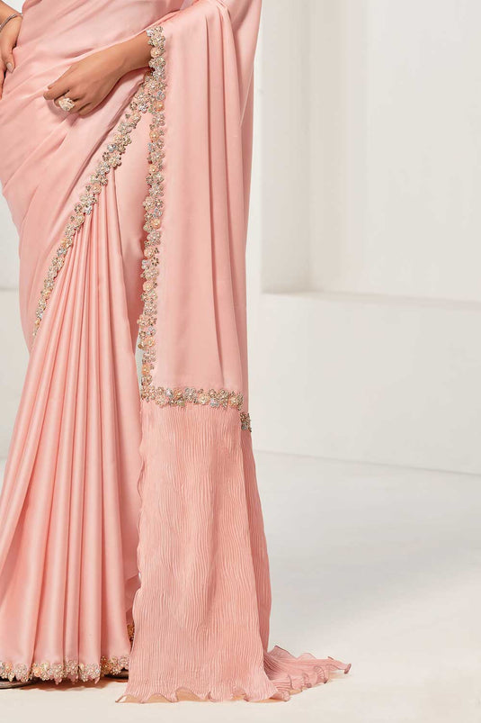 Engaging Peach Color Crepe Satin Silk Fabric Saree