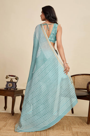 Digital Printed Light Cyan Linen Daily Wear Saree