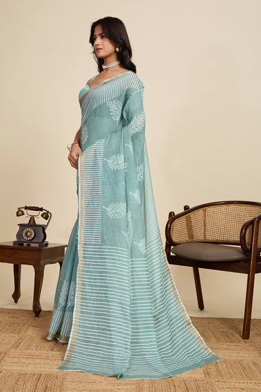 Digital Printed Light Cyan Linen Daily Wear Saree