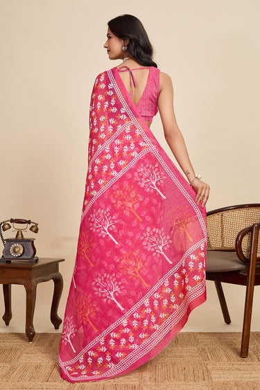 Digital Printed Linen Pink Saree For Casual Wear