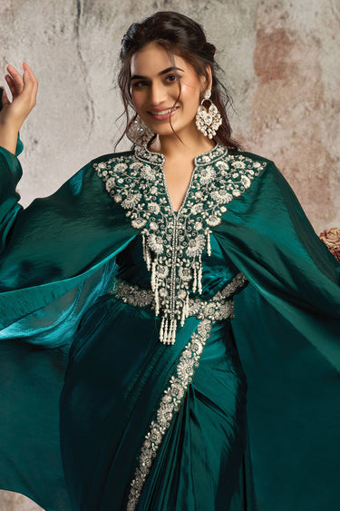 Teal Function Wear Satin Embroidered Border Work Readymade Saree