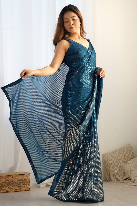 Georgette Teal Sequins Work Saree