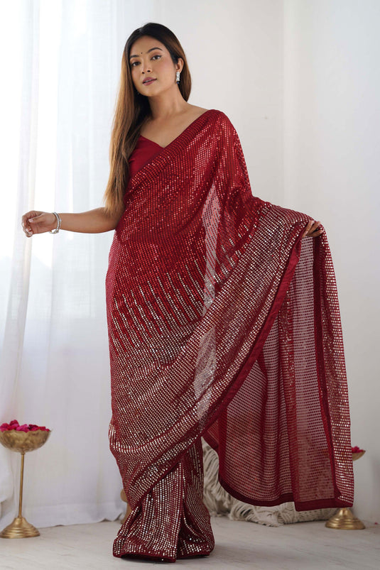 Red Sequins Work Tradition Saree