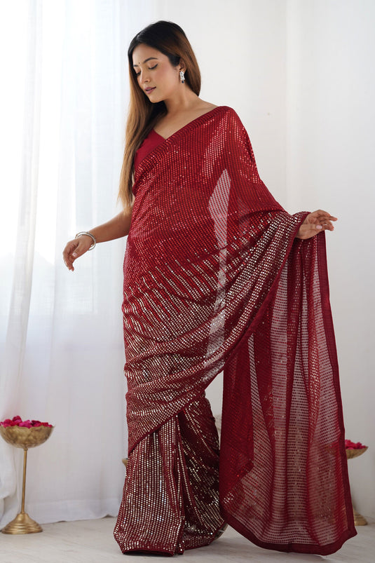 Red Sequins Work Tradition Saree