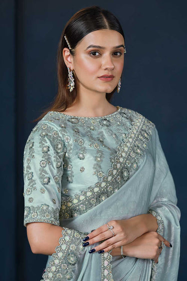 Light Cyan Two Tone Satin Silk Moti Pure Handwork Saree With Unstitched Blouse